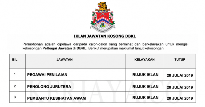 Jawatan Kosong Dewan Bandaraya Kuala (DBKL) Jawatan Kosong Dewan Bandaraya Kuala (DBKL)