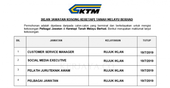 Keretapi Tanah Melayu Berhad Keretapi Tanah Melayu Berhad ~ Pelbagai Jawatan Baru 2019