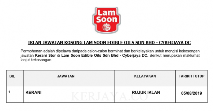Lam Soon Edible Oils Sdn Bhd - Cyberjaya DC Lam Soon Edible Oils ~ Kerani