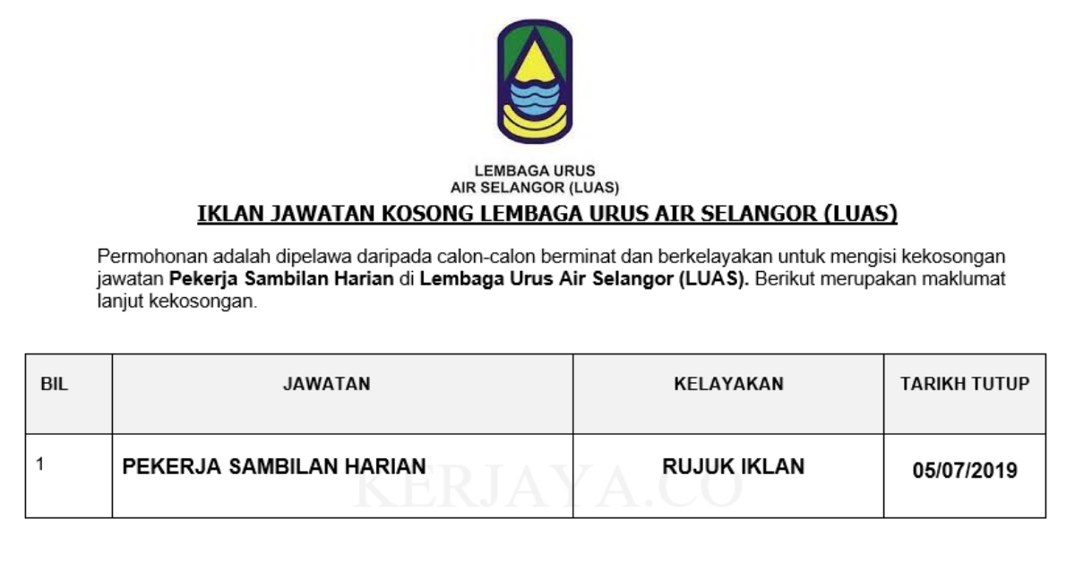 Jawatan Kosong Terkini Lembaga Urus Air Selangor (LUAS ...