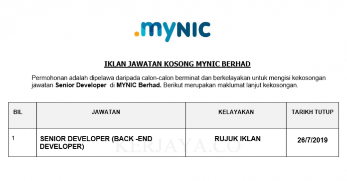 MYNIC Berhad MYNIC Berhad ~ Senior Developer