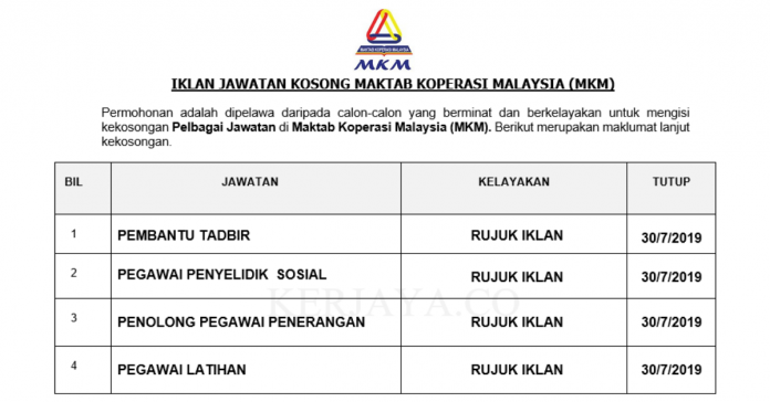 Maktab Koperasi Malaysia (MKM) Maktab Koperasi Malaysia (MKM) ~ Pembantu Tadbir, Pegawai Penyelidik Sosial & Pelbagai Jawatan Lain