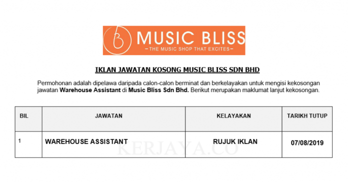 Music Bliss Sdn Bhd Music Bliss ~ Warehouse Assistant