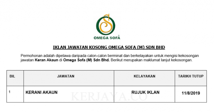 Omega Sofa (M) Sdn Bhd Omega Sofa ~ Kerani Akaun