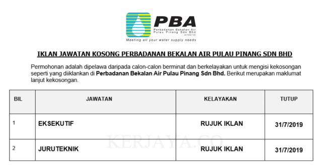 Perbadanan Bekalan Air Pulau Pinang ~ Eksekutif & Juruteknik
