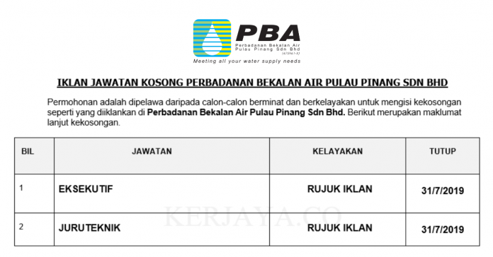 Perbadanan Bekalan Air Pulau Pinang Sdn Bhd Perbadanan Bekalan Air Pulau Pinang ~ Eksekutif & Juruteknik