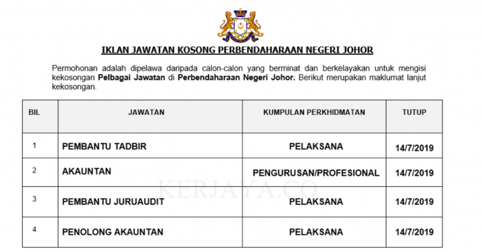 Perbendaharaan Negeri Johor Perbendaharaan Negeri Johor ~ Pembantu Tadbir, Akauntan, Pembantu Akauntan & Pembantu Juru Audit
