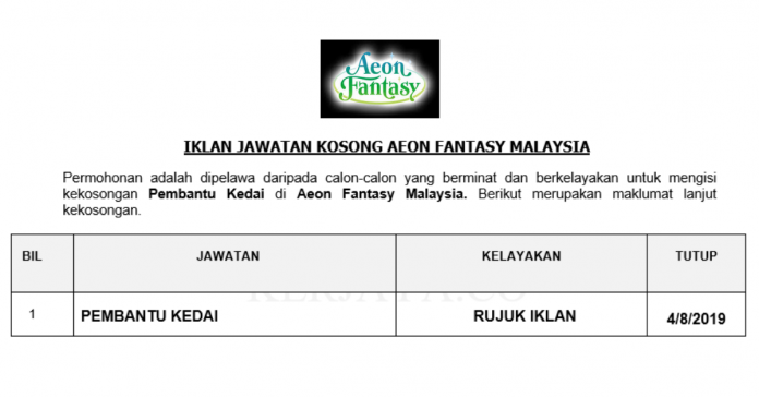 Permohonan Jawatan Kosong Terkini Aeon Fantasy Malaysia _ Pembantu Kedai Permohonan Jawatan Kosong Terkini Aeon Fantasy Malaysia _ Pembantu Kedai