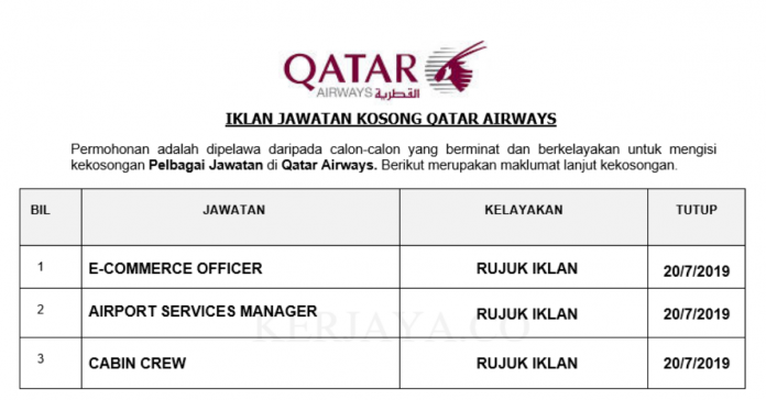 Qatar Airways Qatar Airways ~ Pelbagai Jawatan Baru 2019