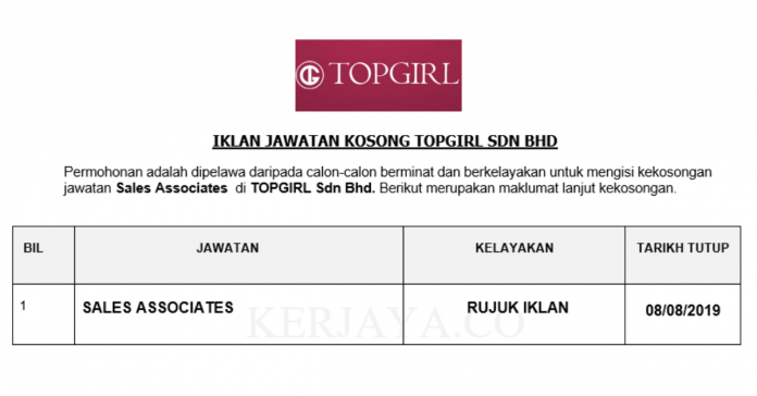 TOPGIRL Sdn Bhd TOPGIRL ~ Sales Associates