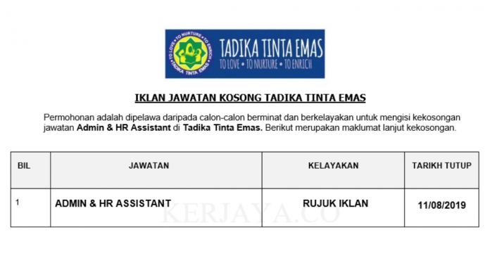 Tadika Tinta Emas Tadika Tinta Emas ~ Admin & HR Assistant