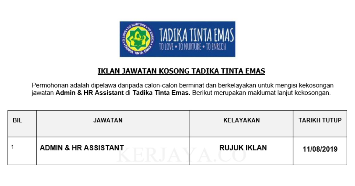 Jawatan Kosong Terkini Tadika Tinta Emas Admin Hr Assistant Kerja Kosong Kerajaan Swasta