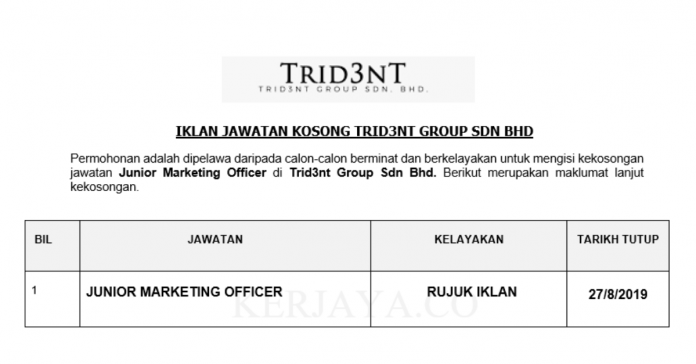 Trid3nt Group Sdn Bhd Trid3nt Group ~ Junior Marketing Officer