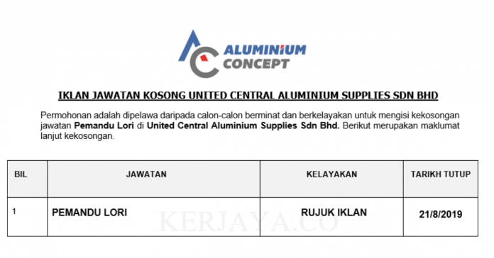 United Central Aluminium Supplies Sdn Bhd United Central Aluminium Supplies ~ Pemandu Lori