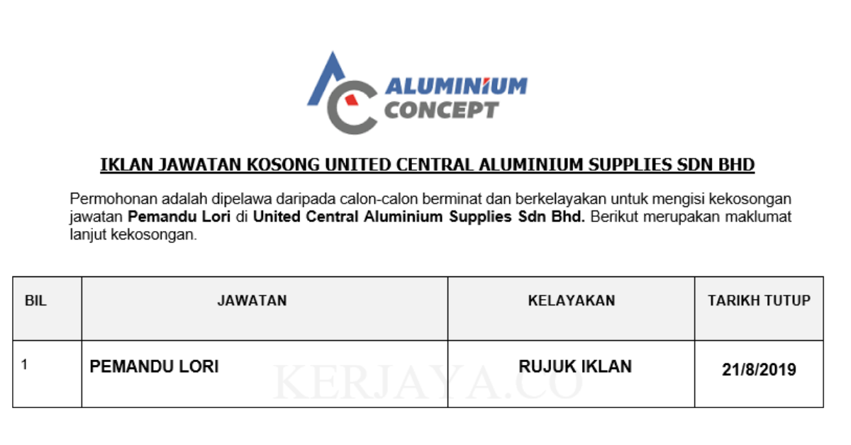 United Central Aluminium Supplies Sdn Bhd • Kerja Kosong 