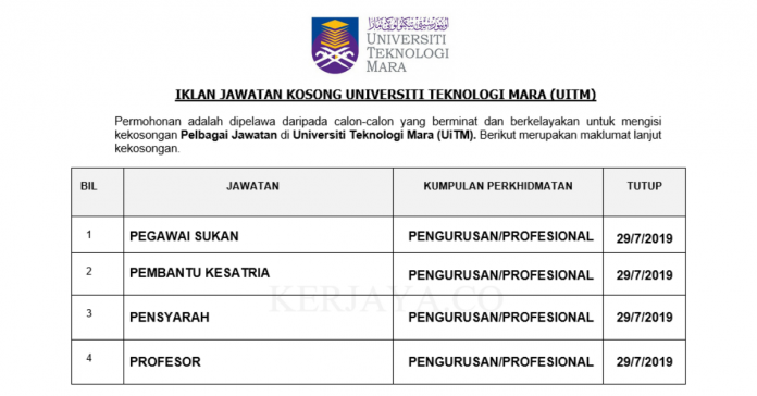 Universiti Teknologi Mara (UiTM) Universiti Teknologi Mara (UiTM) ~ Pegawai Sukan, Pembantu Kesatria, & Pelbagai Jawatan Lain