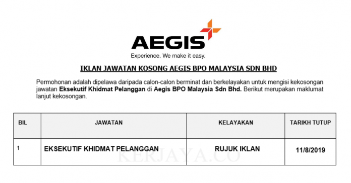 Aegis BPO Malaysia Sdn Bhd (1) Aegis BPO Malaysia ~ Eksekutif Khidmat Pelanggan