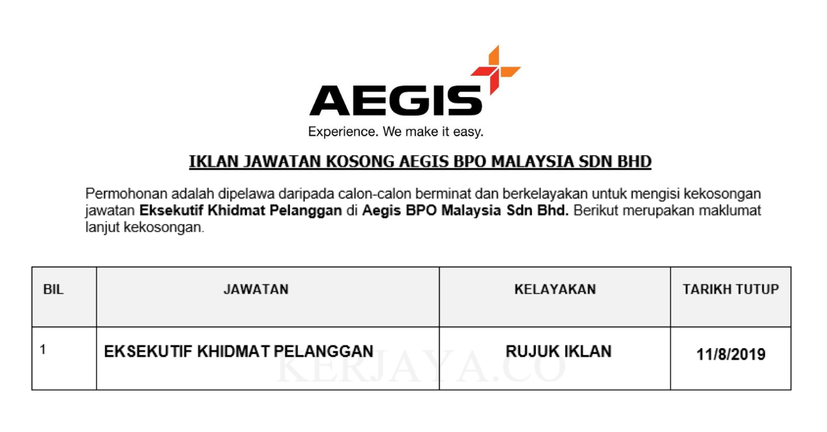 Aegis BPO Malaysia Sdn Bhd (1) • Kerja Kosong Kerajaan