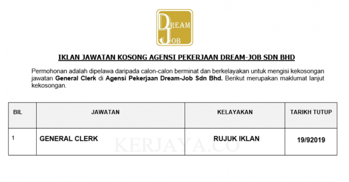 Agensi Pekerjaan Dream-Job Sdn Bhd Agensi Pekerjaan Dream-Job ~ General Clerk