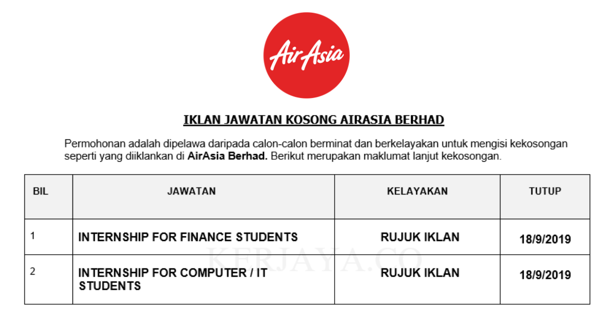 Jawatan Kosong Terkini AirAsia Berhad ~ Internship for ...