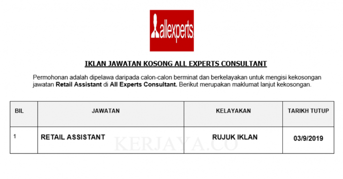 All Experts Consultant All Experts Consultant ~ Retail Assistant