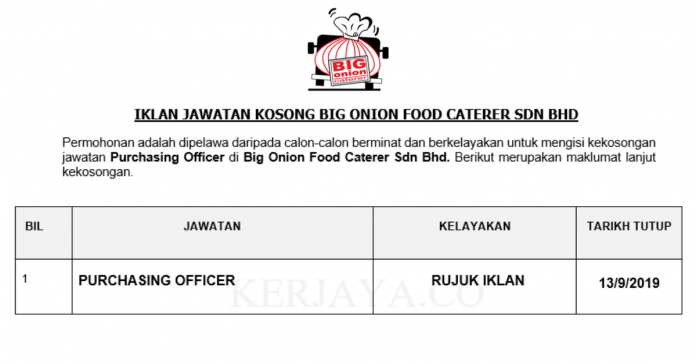 Big Onion Food Caterer Sdn Bhd Big Onion Food Caterer ~ Purchasing Officer