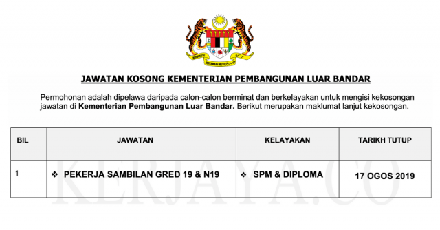 Kementerian Pembangunan Luar Bandar ~ Kekosongan Pekerja Sambilan Gred 19 & N29 Peringkat SPM Serta Diploma