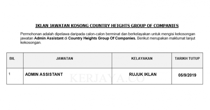 Country Heights Group Of Companies Country Heights Group ~ Admin Assistant