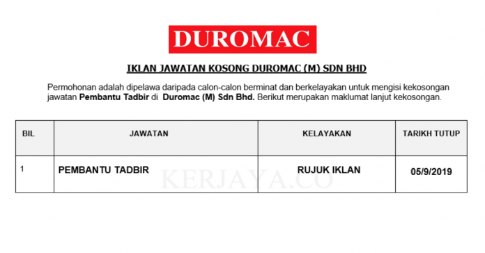 _Duromac (M) Sdn Bhd Duromac ~ Pembantu Tadbir