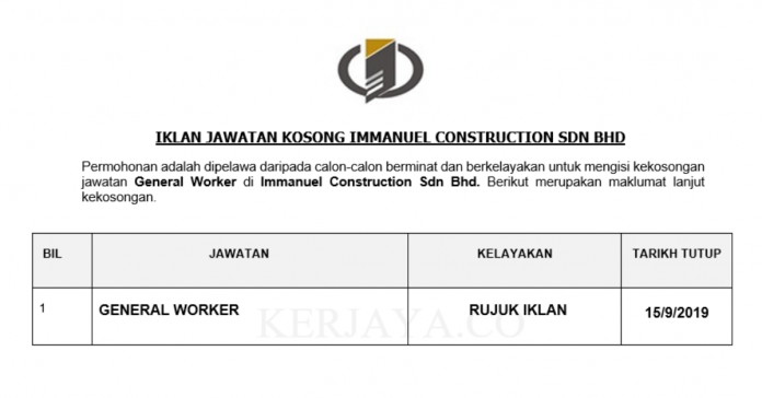 Immanuel Construction Sdn Bhd Immanuel Construction ~ General Worker