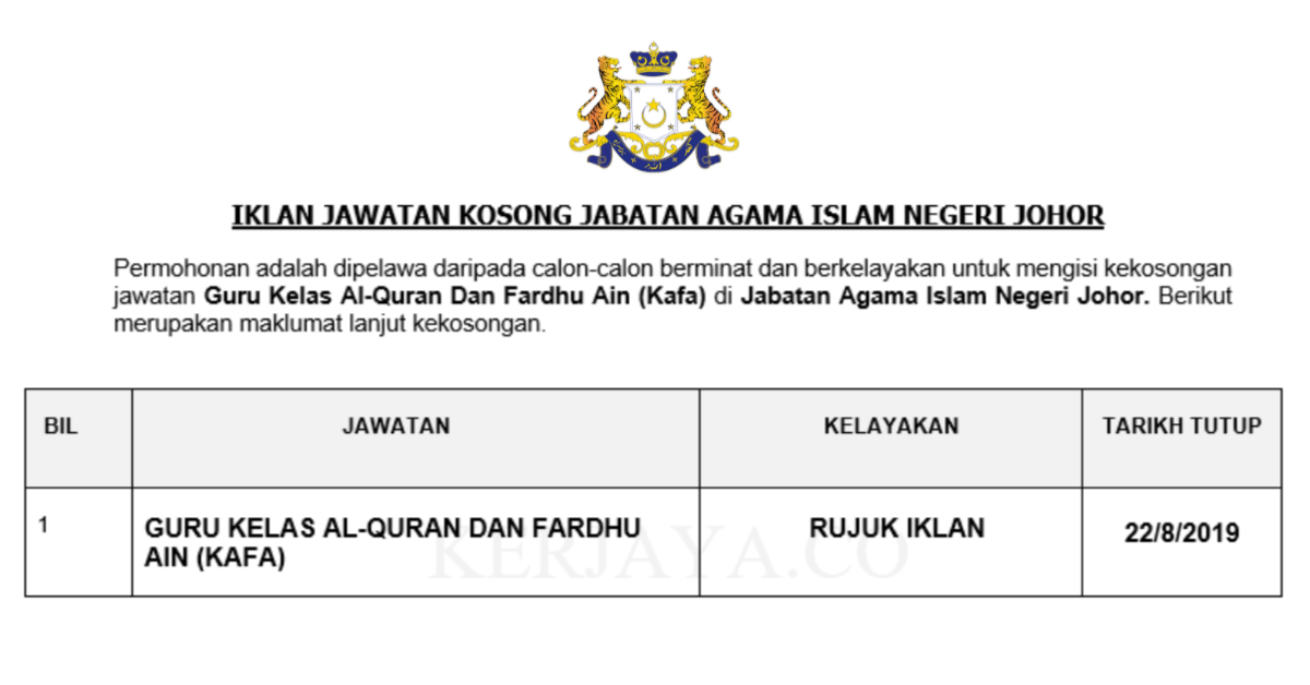 Jawatan Kosong Terkini Jabatan Agama Islam Negeri Johor Guru Kafa Kerja Kosong Kerajaan Swasta