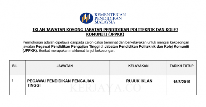 Jabatan Pendidikan Politeknik dan Kolej Komuniti (JPPKK) Jabatan Pendidikan Politeknik dan Kolej Komuniti (JPPKK) ~ Pegawai Pendidikan Pengajian Tinggi