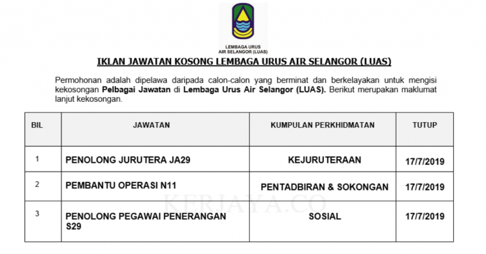 Lembaga Urus Air Selangor (LUAS) Lembaga Urus Air Selangor (LUAS) ~ Pembantu Operasi, Penolong Jurutera & Pen.Peg Penerangan
