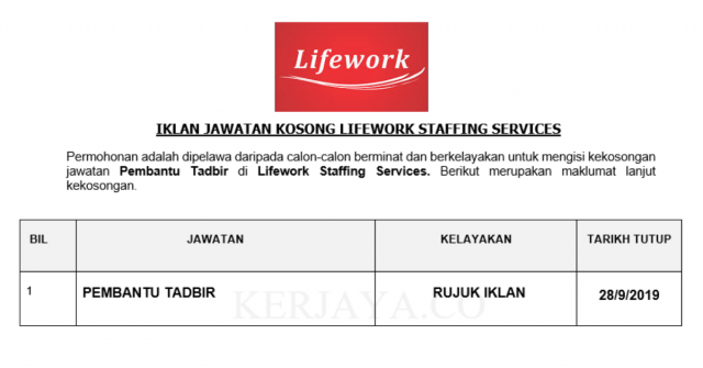 Lifework Staffing Services ~ Pembantu Tadbir