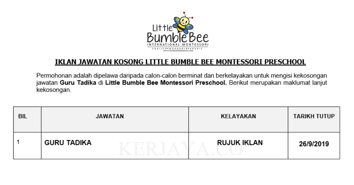 Little Bumble Bee Montessori Preschool • Kerja Kosong Kerajaan
