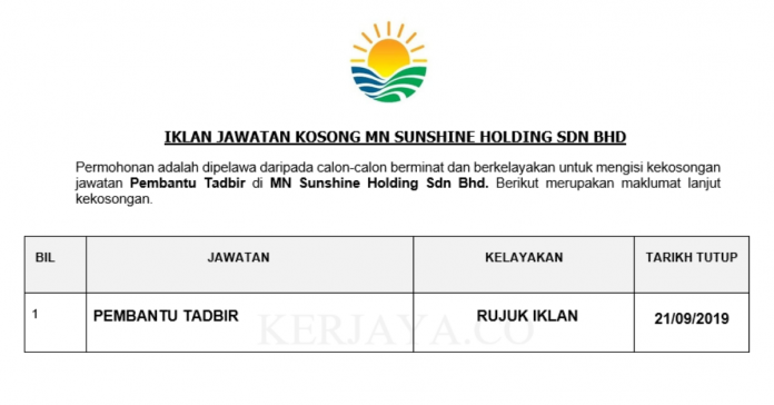 MN Sunshine Holding Sdn Bhd MN Sunshine Holding ~ Pembantu Tadbir