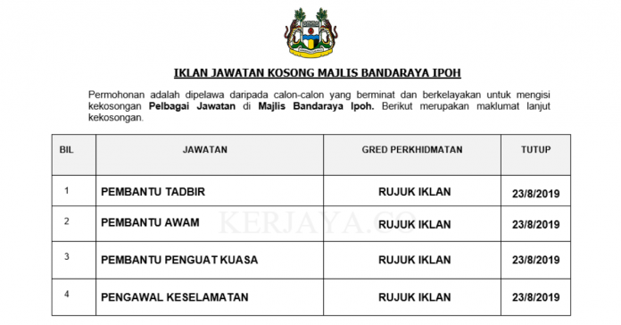Majlis Bandaraya Ipoh Majlis Bandaraya Ipoh ~ Pembantu Tadbir, Pembantu Awam, Pembantu Penguatkuasa & DLL