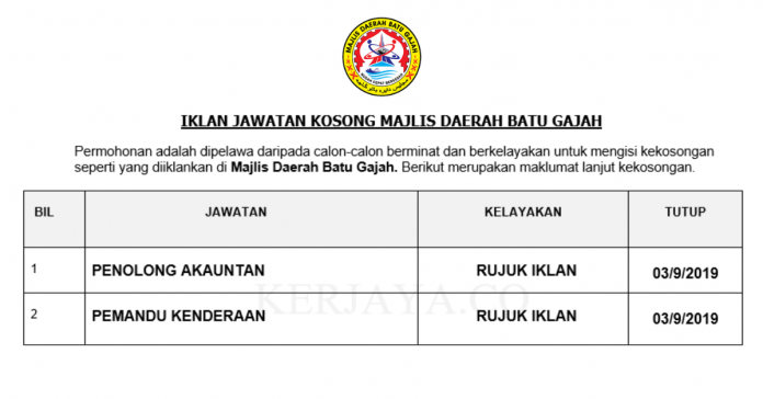 Majlis Daerah Batu Gajah Majlis Daerah Batu Gajah ~ Penolong Akauntan & Pemandu Kenderaan