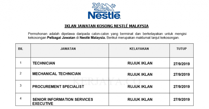 Nestlé Malaysia Nestlé Malaysia ~ Technician, Mechanical Technician, Senior Information Services Executive
