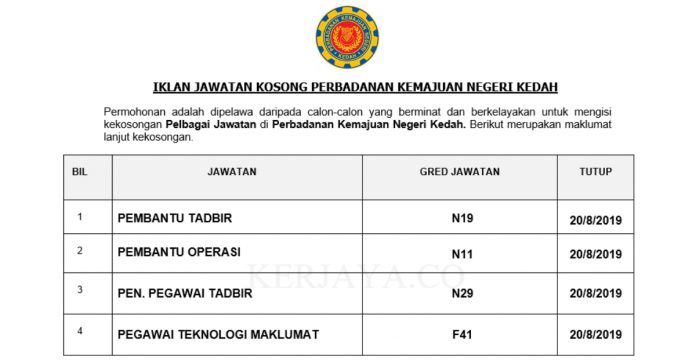 Perbadanan Kemajuan Negeri Kedah Perbadanan Kemajuan Negeri Kedah ~ Pembantu Tadbir, Pembantu Awam, Pen Peg Tadbir & Pelbagai Jawatan