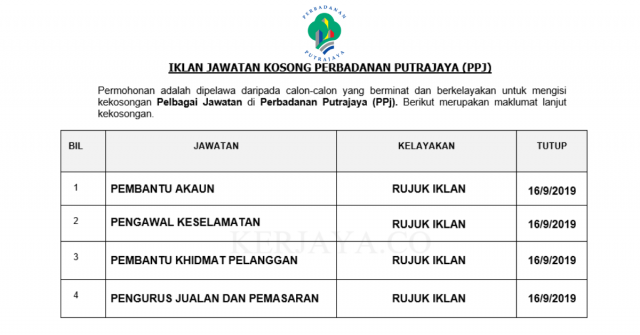 Perbadanan Putrajaya (PPj) ~ Pembantu Khidmat Pelanggan, Juruteknik & Pelbagai Kokosongan Jawatan Lain