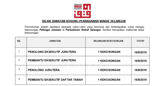 Perbadanan Wakaf Selangor Perbadanan Wakaf Selangor ~ Pembantu Eksekutif & Penolong Eksekutif Jurutera