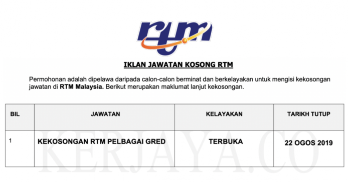 Permohonan Jawatan Kosong Terkini Radio Televisyen Malaysia (RTM) Permohonan Jawatan Kosong Terkini Radio Televisyen Malaysia (RTM)