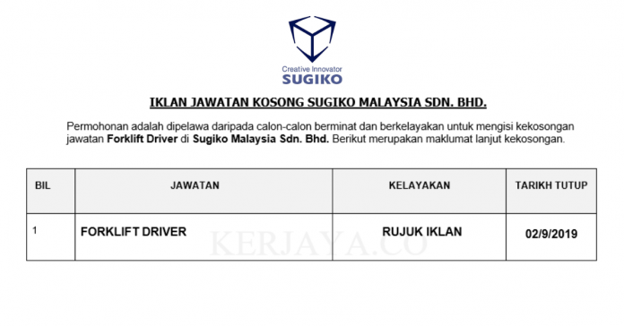 Sugiko Malaysia Sdn. Bhd. Sugiko Malaysia ~ Forklif Driver
