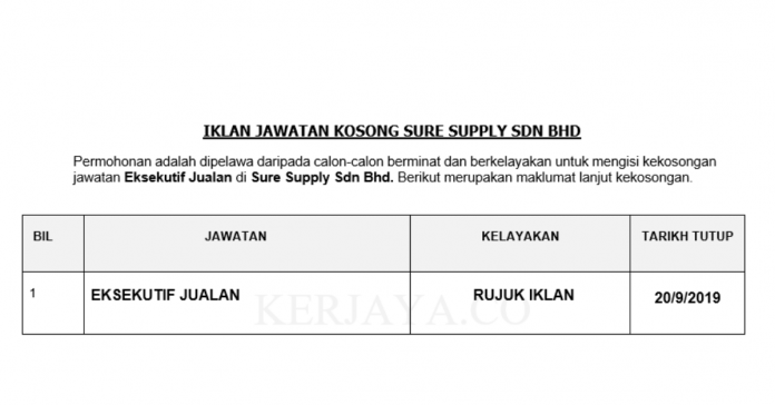 Sure Supply Sdn Bhd Sure Supply ~ Eksekutif Jualan