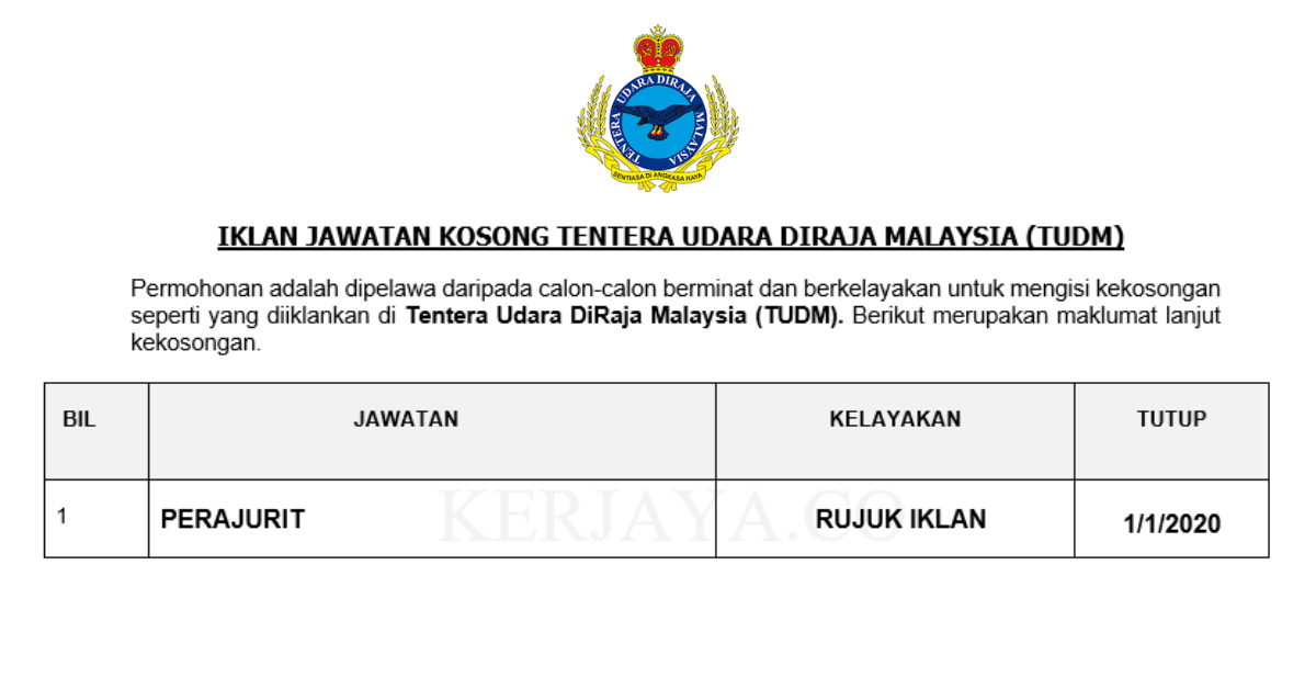 Jawatan Kosong Terkini Tentera Udara Diraja Malaysia Perajurit Kerja Kosong Kerajaan Swasta