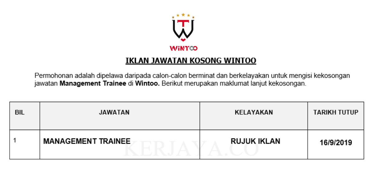 Jawatan Kosong Terkini Wintoo ~ Management Trainee • Kerja ...