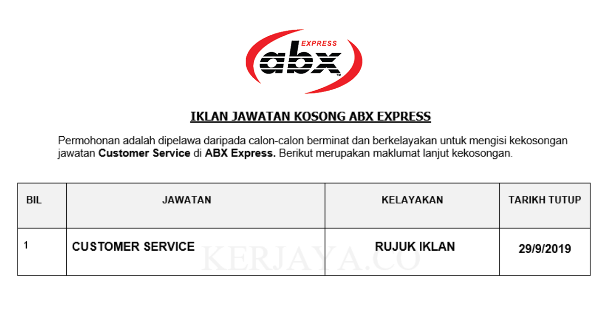 Jawatan Kosong Terkini ABX Express ~ Khidmat Pelanggan ...