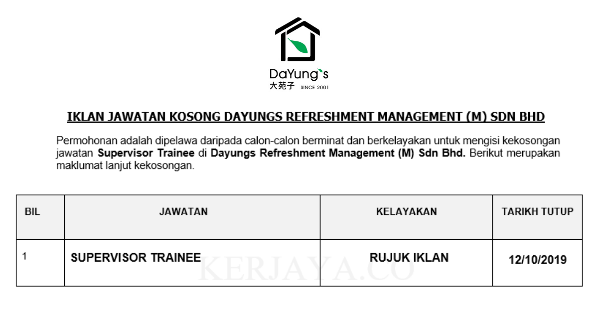 Dayungs Refreshment Management (M) Sdn Bhd • Kerja Kosong 