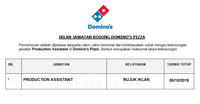Domino's Pizza Domino's Pizza ~ Production Assistant